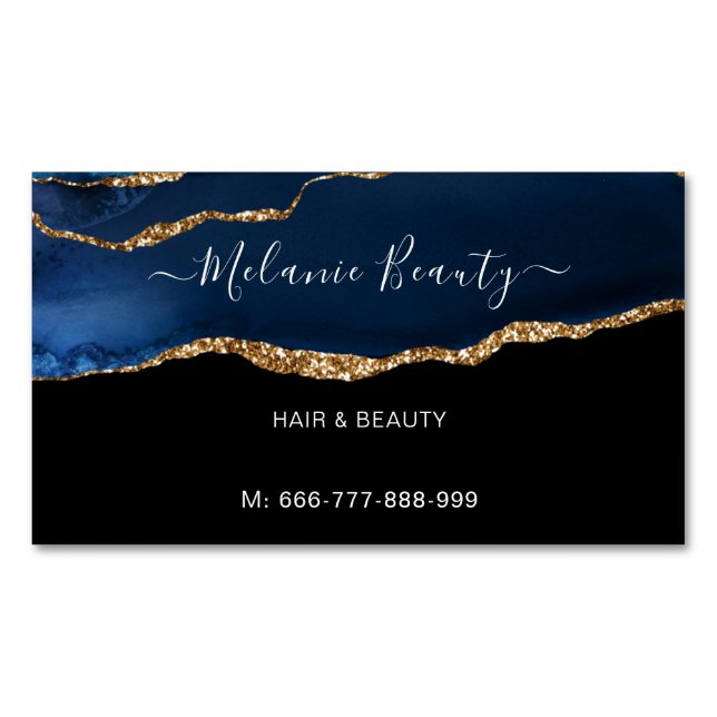 Navy Blue Gold Hair Beauty Business Card Template (Front)