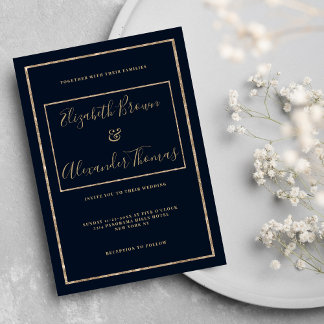 Navy blue gold handwritten calligraphy wedding invitation