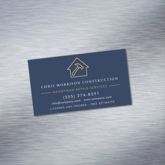 Navy Blue Gold Handyman Construction  Magnetic Business Card (In Situ)