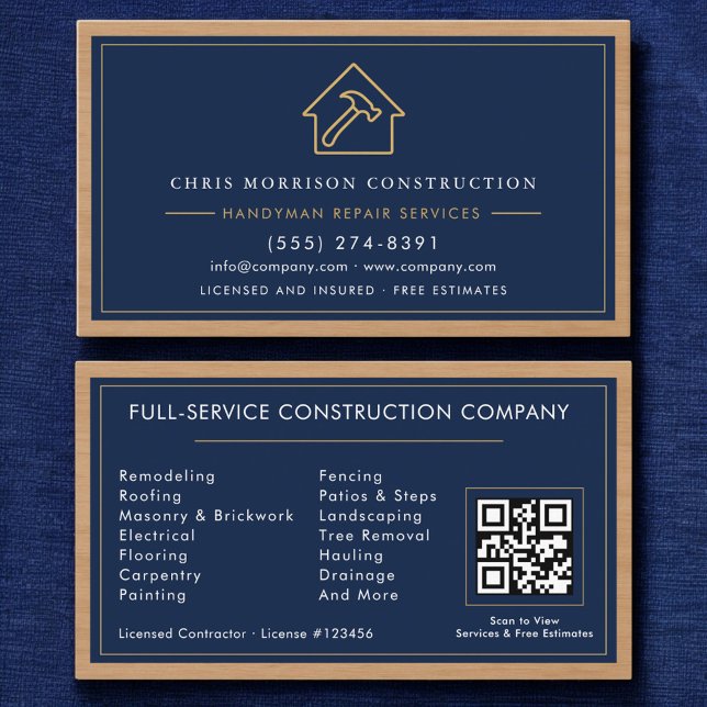 Navy Blue Gold Handyman Wood QR Code Construction Business Card (Creator Uploaded)