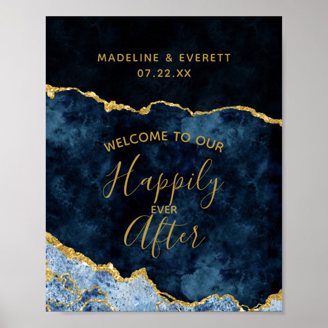 Navy Blue & Gold Happily ever After Welcome Sign (Front)