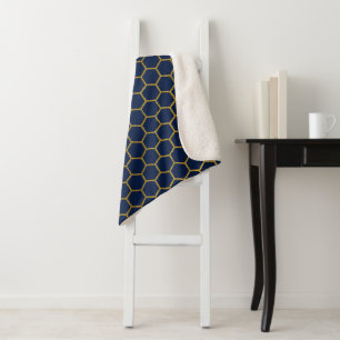 Navy Blue & Gold Hexagon Geometric Pattern Sherpa Blanket