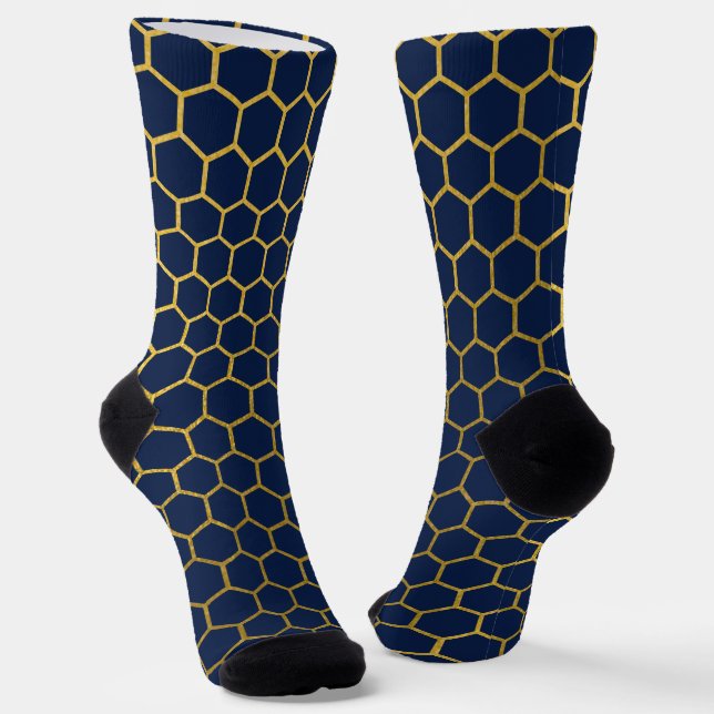 Navy Blue & Gold Hexagon Geometric Pattern Socks (Angled)