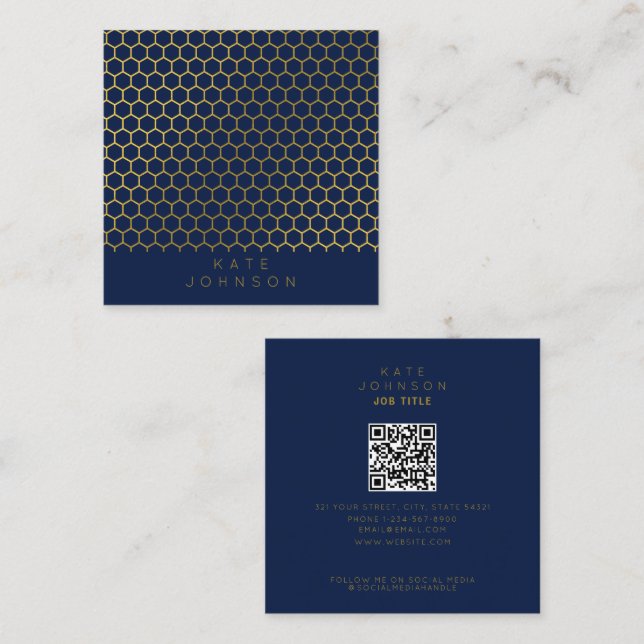 Navy Blue & Gold Hexagon Geometric QR Code Square Business Card (Front/Back)