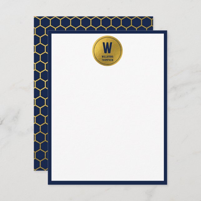 Navy Blue & Gold Hexagon Pattern Monogram Initial Card (Front/Back)