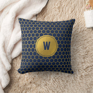 Navy Blue & Gold Hexagon Pattern Monogram Initial Cushion