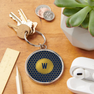 Navy Blue Gold Hexagon Pattern Monogrammed Initial Key Ring