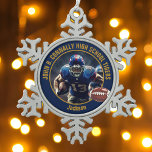 Navy Blue Gold High School Football Player Photo Snowflake Pewter Christmas Ornament<br><div class="desc">This cool customized high school football player photo Christmas ornament in navy blue features gold typography of your team and player name. Personalize with your athlete name next to the ball.</div>