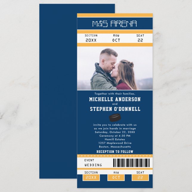 Navy Blue Gold Hockey Ticket Wedding Invitation (Front/Back)