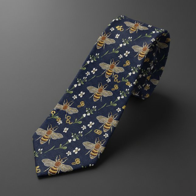 Navy Blue & Gold Honey Bee Floral Tie (Creator Uploaded)
