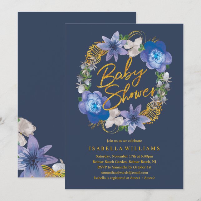 Navy Blue Gold Hydrangeas Floral Baby Shower Invitation (Front/Back)