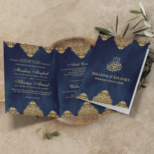 Navy Blue Gold Islamic Motif Muslim Wedding Invitation (Creator Uploaded)