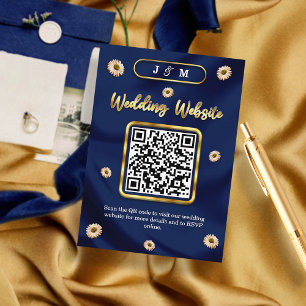 Navy Blue Gold Ivory Beige QR Code Wedding Website Enclosure Card