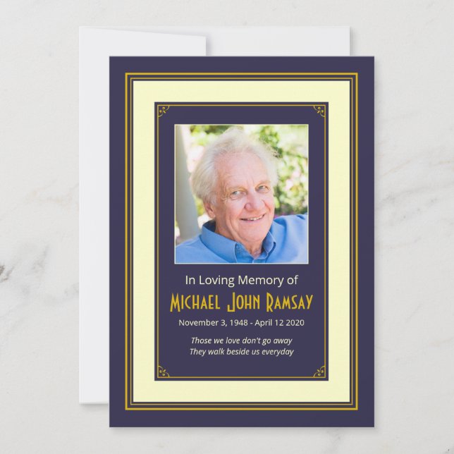 Navy Blue Gold Ivory Photo Death Announcement (Front)
