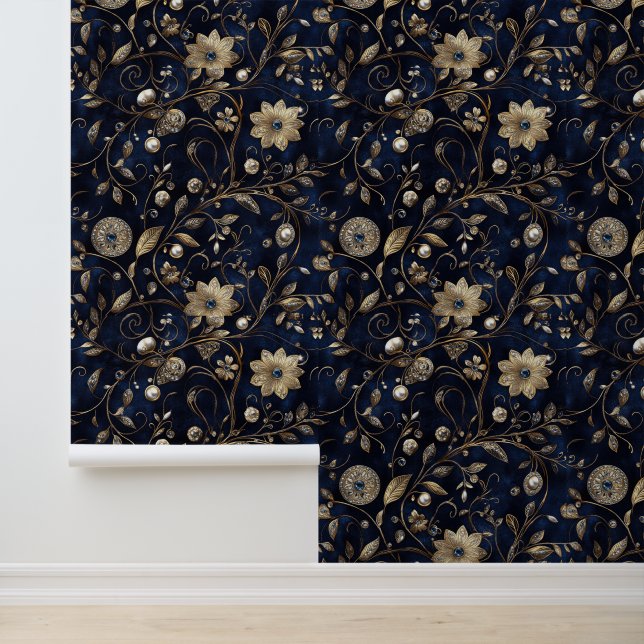 Navy Blue Gold Jewel Floral Wallpaper (Application)