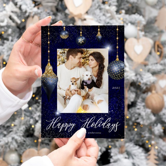 Navy Blue Gold Jewel Ornament Photo Holiday Card (Creator Uploaded)