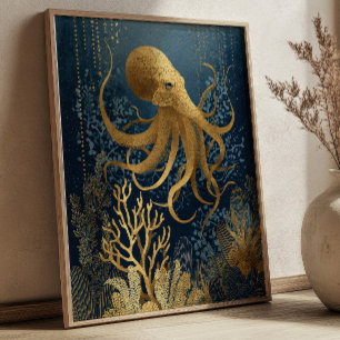 Navy Blue& Gold Kintsugi Octopus Underwater  Poster