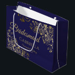 Navy Blue & Gold Lace Elegant Bridesmaid Large Gift Bag<br><div class="desc">This beautiful gift bag is designed as a wedding gift or favour bag for Bridesmaids. It features an elegant navy blue and gold design with golden lace frills in the corners the text "Bridesmaid" as well as a place to enter her name, the couple's name, and the wedding date. Fill...</div>