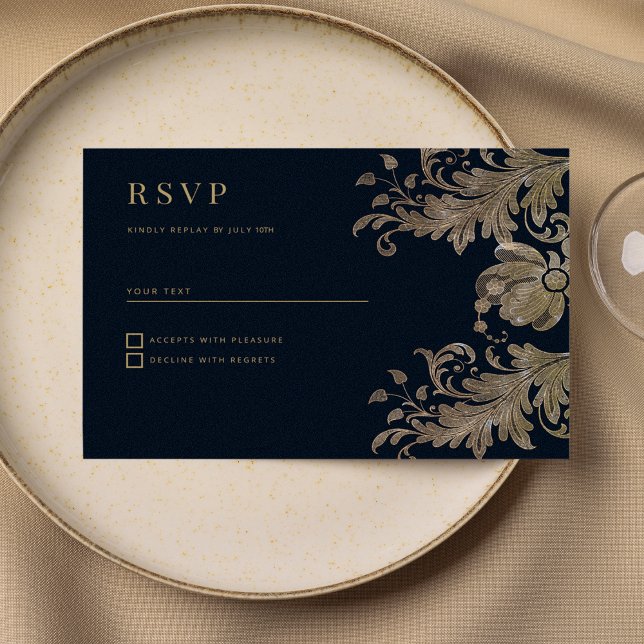 Navy blue gold lace floral luxury RSVP Invitation (Navy blue gold lace floral luxury RSVP )