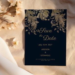Navy blue gold lace floral luxury Save the Date  Invitation
