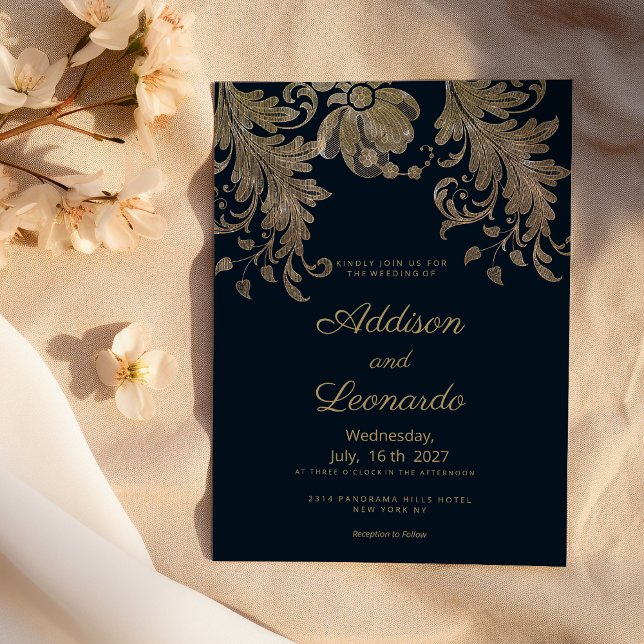 Navy blue gold lace floral luxury wedding invitation (Navy blue gold lace floral luxury wedding )