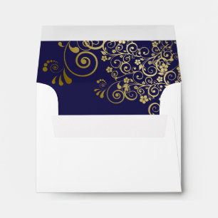 Navy Blue & Gold Lace Inside White Wedding RSVP Envelope