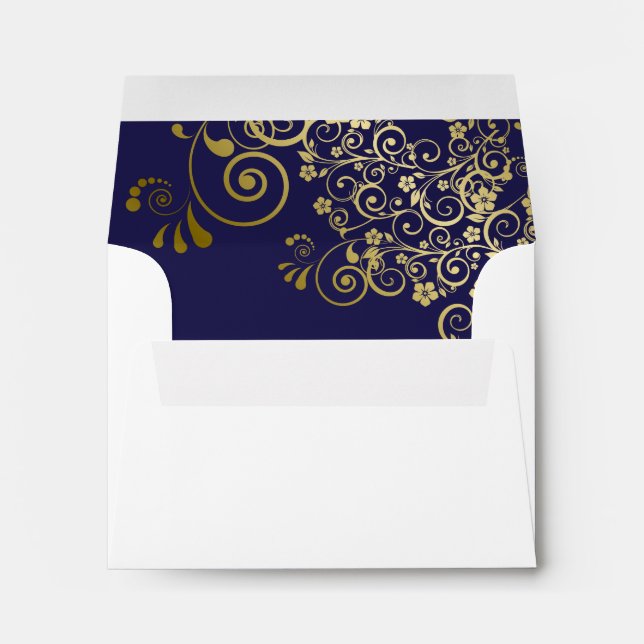 Navy Blue & Gold Lace Inside White Wedding RSVP Envelope (Back (Bottom))
