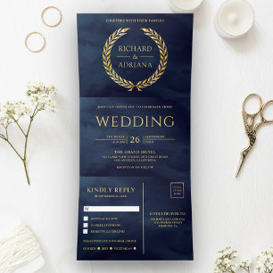 Navy Blue Gold Laurel Minimal All in One Wedding Tri-Fold Invitation