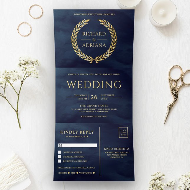 Navy Blue Gold Laurel Minimal All in One Wedding Tri-Fold Invitation (Creator Uploaded)