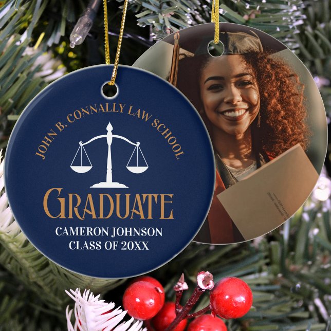 Navy Blue Gold Law School Graduation Christmas Ceramic Tree Decoration (Creator Uploaded)