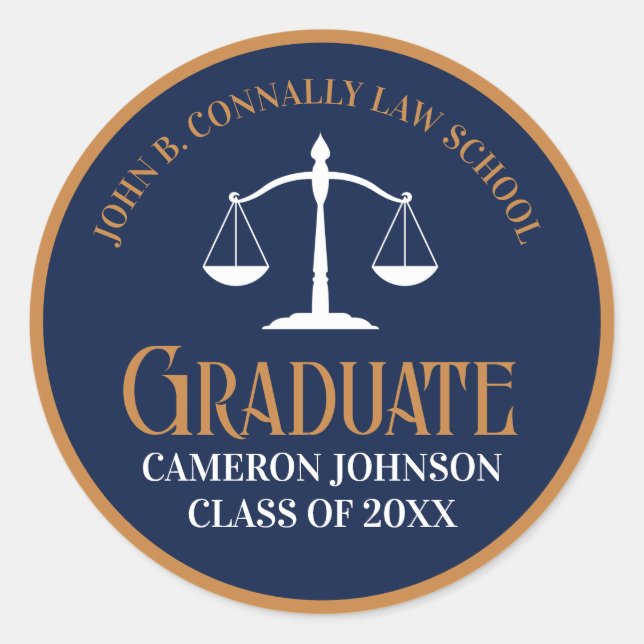 Navy Blue Gold Law School Graduation Party Classic Round Sticker (Front)
