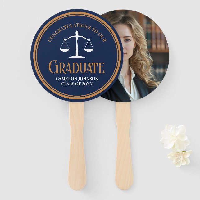 Navy Blue Gold Law School Graduation Party Hand Fan (Front and Back)