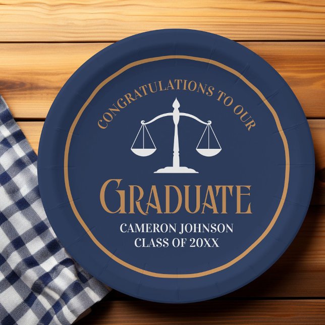 Navy Blue Gold Law School Graduation Party Paper Plate (Creator Uploaded)