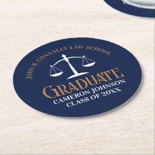 Navy Blue Gold Law School Graduation Party Round Paper Coaster