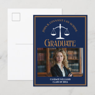 Navy Blue Gold Law School Graduation Photo Announcement Postcard