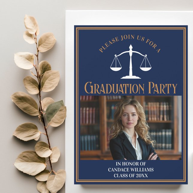 Navy Blue Gold Law School Graduation Photo Party Invitation (Creator Uploaded)