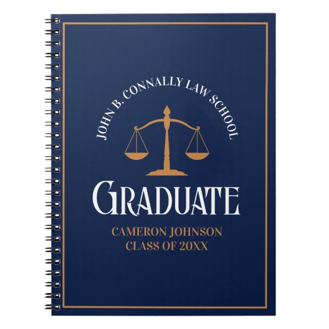 Navy Blue Gold Law School Personalised Graduation Notebook (Front)