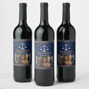 Navy Blue Gold Law School Photo Graduation Party Wine Label