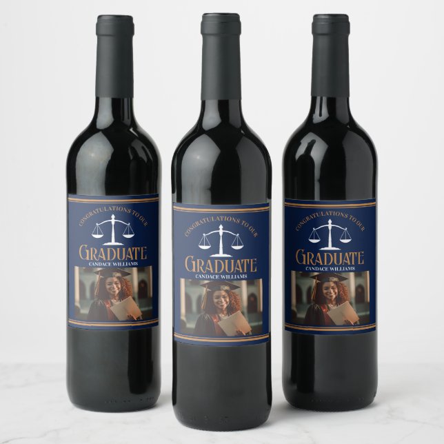Navy Blue Gold Law School Photo Graduation Party Wine Label (Bottles)