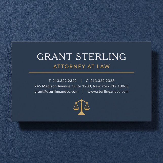 Navy Blue Gold Lawyer Attorney at Law Luxury Business Card (Creator Uploaded)