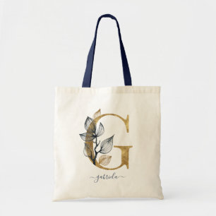 Navy Blue Gold Leaf Modern Monogram Letter "G" Tote Bag