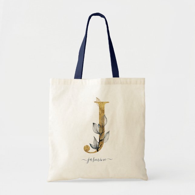 Navy Blue Gold Leaf Modern Monogram Letter "J" Tote Bag (Front)