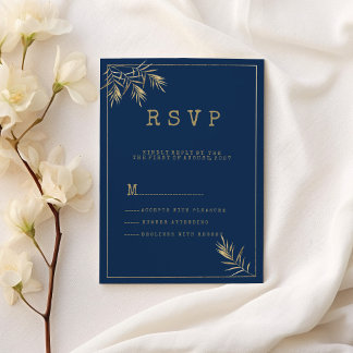 Navy blue gold leaf typewriter font theme RSVP Invitation