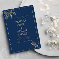 Navy blue gold leaf typewriter font theme wedding