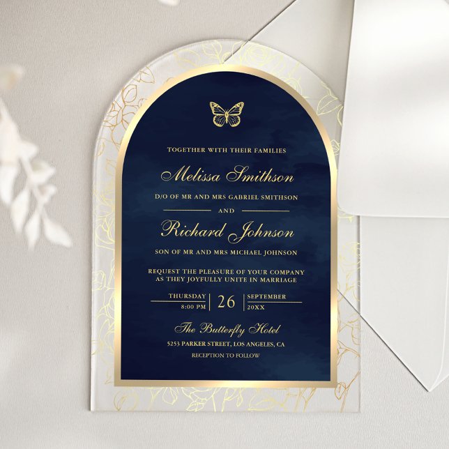 Navy Blue Gold Line Art Arch Butterfly Wedding Acrylic Invitations (Creator Uploaded)