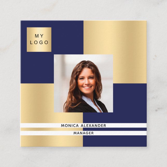 Navy blue gold logo photo QR code Square Business Card (Front)