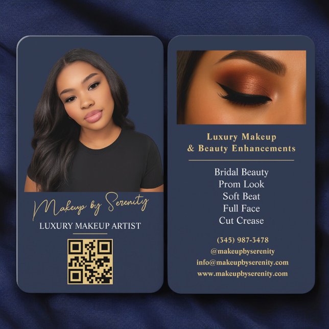 Navy Blue Gold Makeup Artist QR Code Luxury Beauty Business Card (Creator Uploaded)