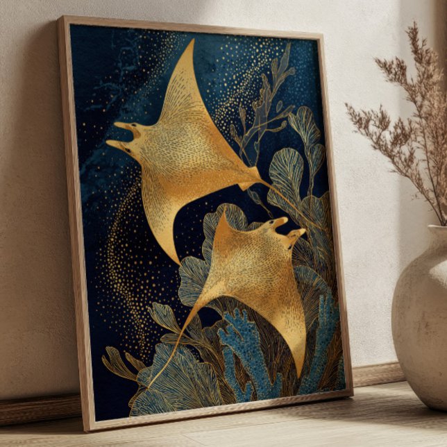 Navy Blue& Gold Manta Rays Elegant Kintsugi Art Poster (Creator Uploaded)