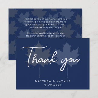 Navy Blue Gold Maple Leaf Elegant Wedding Boho Thank You Card