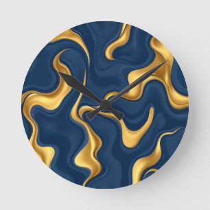 Navy Blue Gold Marble Abstract Luxury Swirl Round Clock